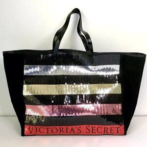 Victoria’s Secret Black Stripe Sequin Bling Large Tote Bag Open Top Beach Travel